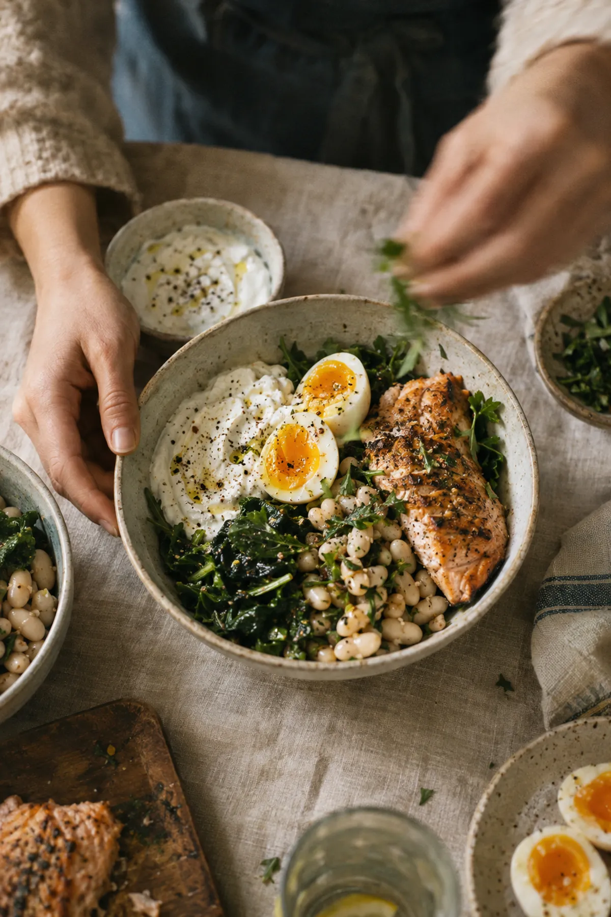 Hands assembling a bowl with yogurt, eggs, salmon, white beans, and greens