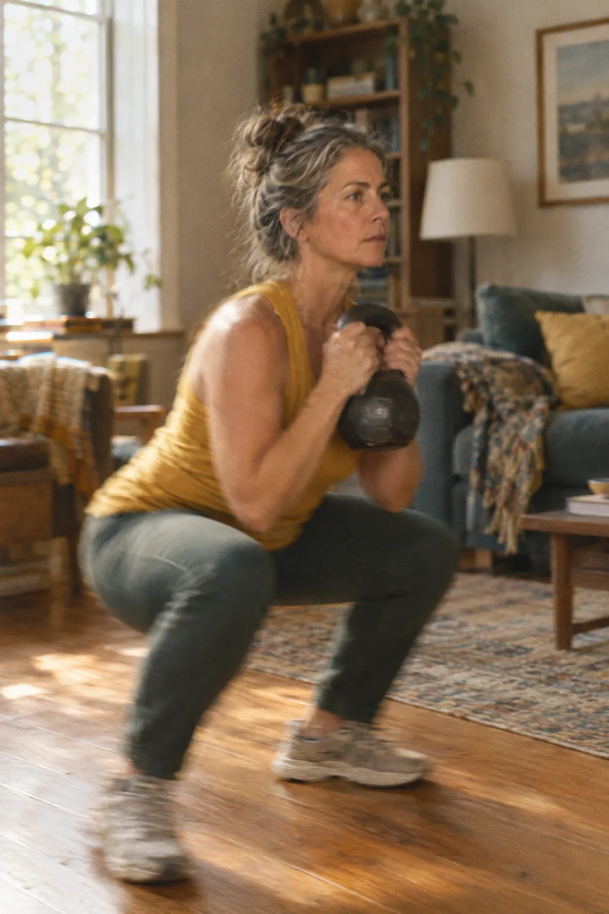 A woman in her fifties doing a kettlebell squat in her living room