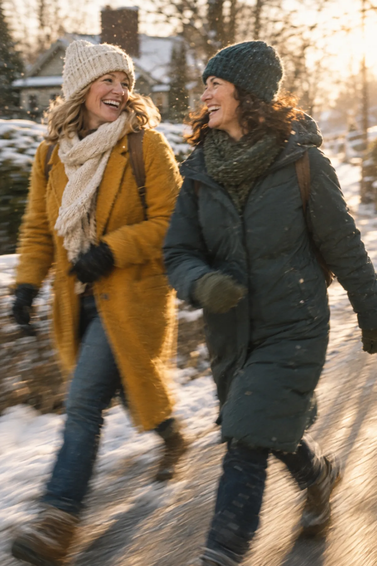 Two friends in winter coats walking briskly and laughing on a snowy path